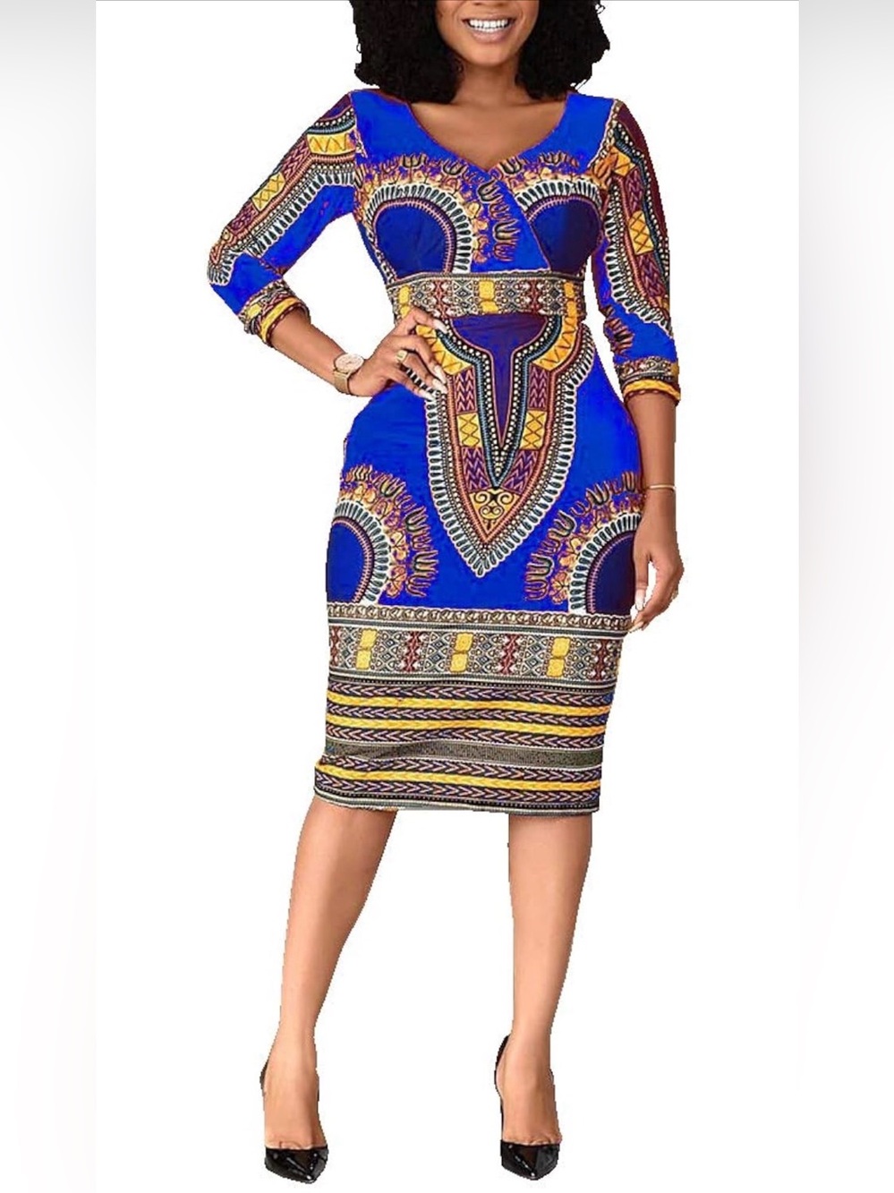VERWIN African Print Bodycon Midi Dress Blue Size Medium
